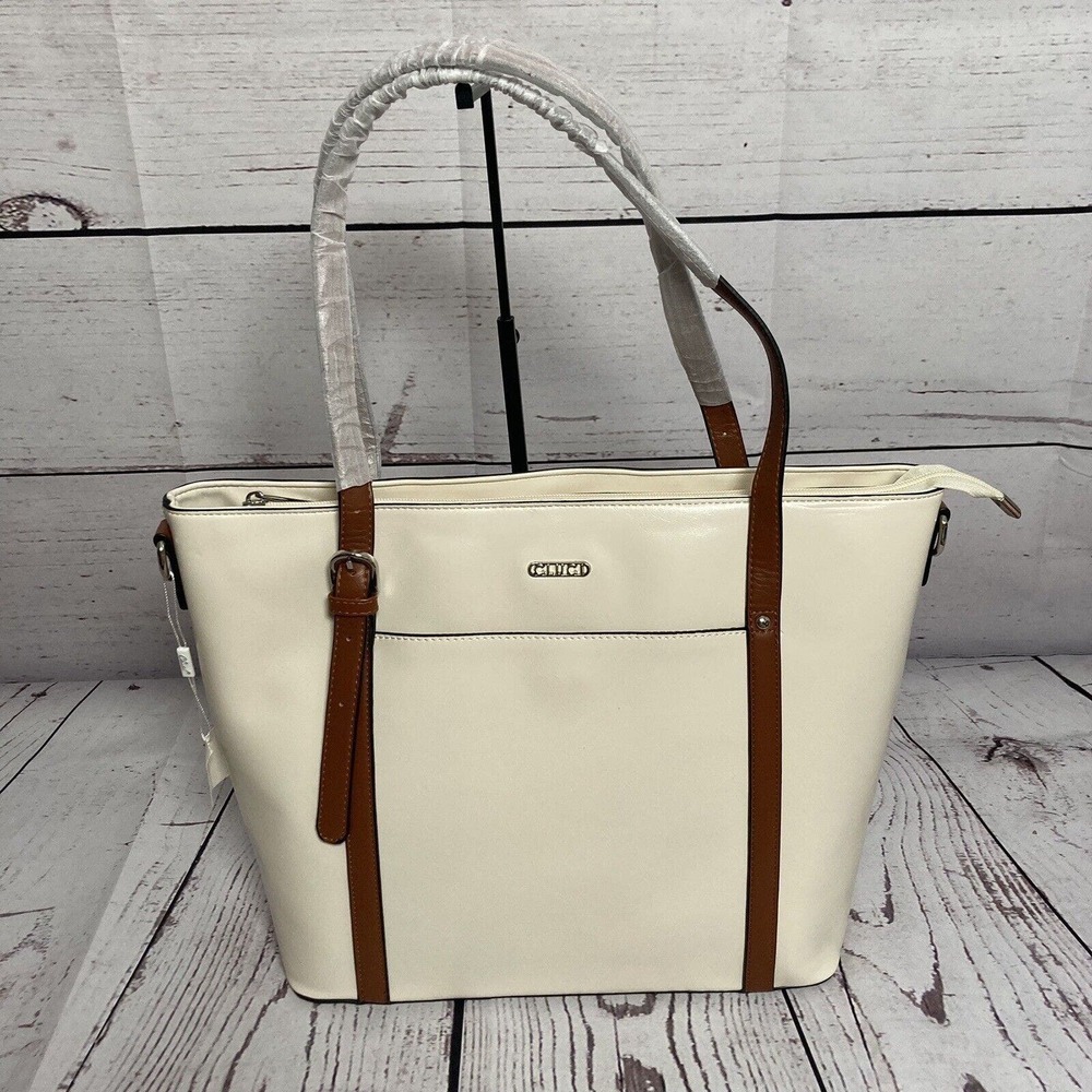 Cluci Laptop Travel Tote Bag White Padded‎ Double Strap Inner Pockets